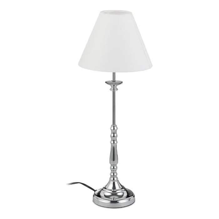Relaxdays Tischlampe Vintage, Stoff Lampenschirm, spiegelnd verchromt, Dekolampe, E14, H x D 55 x 21 cm, silber/weiß